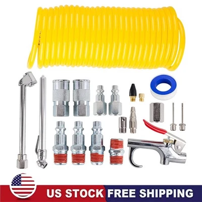20pcs Air Compressor Accessory Kit 25Ft Recoil Hose Gun Nozzles Set 1/4" NPT New - Image 1 of 4