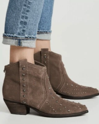Botas femininas Sam Edelman marrom camurça cravejada tamanho 9 tornozelo biqueira salto bloco - Imagem 1 de 4