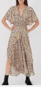 445 $ Maje Rachelle Animalier gesmoktes Kleid mit Lurex-Blumendruck, US 36, neu ohne Etikett - Bild 1 von 9