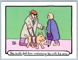 1986 BLIND MAN*UNDRESSING HER WITH HIS EARS*STEVE HOLST POSTCARD DARK HUMOR - Picture 1 of 2