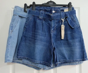 M&S Denim Pure Cotton Belted PAPERBAG Shorts with Pockets - Picture 1 of 4