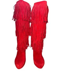 Red Suede Fringe High Heel Boots 10M Platform Stiletto Knee High Western Boho - Picture 1 of 8