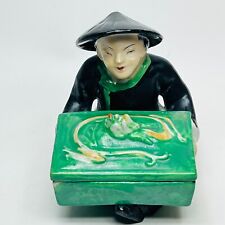 Vintage Made in Japan Man with Koi Trinket Box Pottery Figure 4" by 4" by 3 1/2"