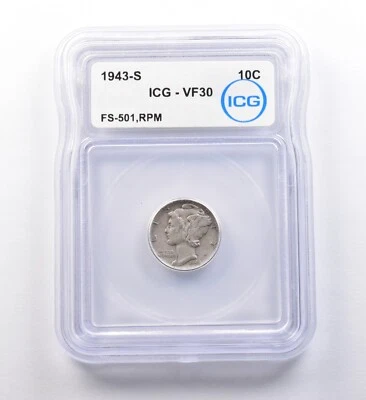 1943-S Mercury Dime FS-501, RPM VF30 ICG *9699 - Image 1 of 3
