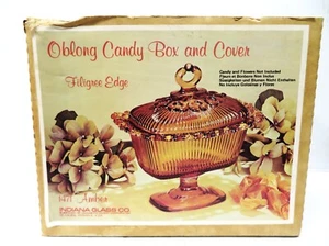 Vintage 1950's Indiana Glass Amber Oblong Filigree Candy Box & Lid -Original Box - Picture 1 of 9