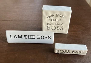 DECOR White Ceramic 3 BOSS Glossy Desk Plaques Set Of 3 - Picture 1 of 14
