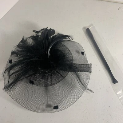 Black Feathered Clip On Head Piece With Black Netting Cigarette Holder - Image 1 of 4