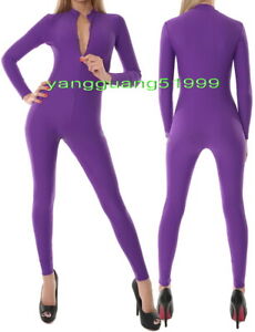 Dark Purple Spandex Women Jumpsuits Bodysuit Catsuit Yoga Costume Front Zip F752