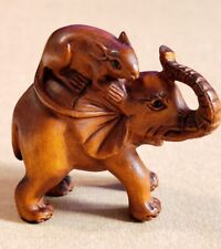 M8306 - 2" Hand Carved Boxwood Netsuke - Mouse Taxi Elephant