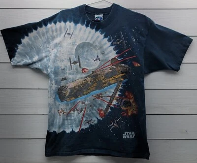 VTG 1997 Star Wars Liquid Blue AOP T-shirt Millennium Falcon Death Star Large - Image 1 of 4