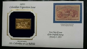 22K Gold 1893 $0.30 Columbus Gold Proof Stamp & First Day Cover Replica - Picture 1 of 1