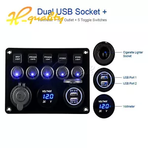 5 Gang LED Toggle Switch Control Panel Dual 2 USB Socket Car Marine Boat 12V-24V - Bild 1 von 10