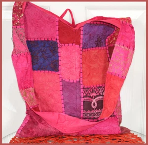 Bolso bandolera con parches bordados a mano vintage hecho a mano, bolso de hombro rosa intenso - Imagen 1 de 6