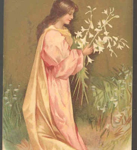 UNCOMMON..! LADY PICKS LILIES OF THE FIELD,KOPAL,CHROMOLITH, CLAPSADDLE POSTCARD - Picture 1 of 3