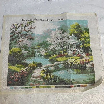 Golden Apple Art 096 Handpainted Needlepoint Canvas Asian Inspired Garden Stream - Image 1 of 4