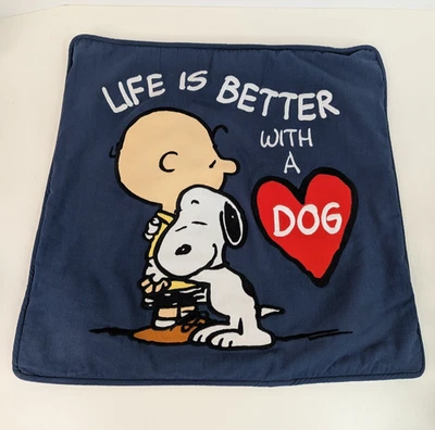 Pottery Barn Throw Pillow Cover Sham Peanuts Snoopy Life Is Better w a Dog 18" - Image 1 of 4