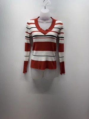 LU NYC Sweater Crew Neck Striped Black White Red Women’s Size Large Ribbed - Image 1 of 4