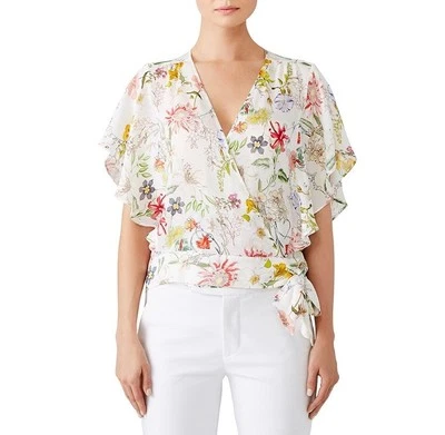 Blusa Parker Top S Seda Manga Acampanada Floral Envoltura Femenina Lujo Carrera $239 Foto 1 de 4