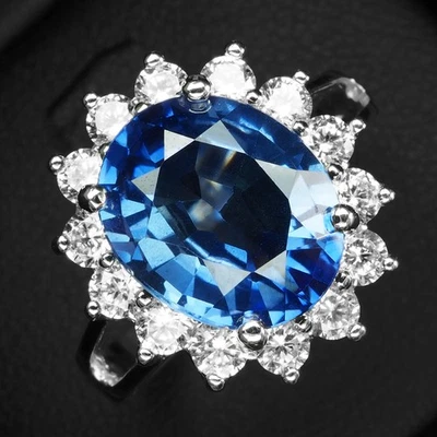 Pristine Royal Blue Sapphire 4.10Ct 925 Sterling Silver White Gold Rings Size 7 - Image 1 of 4