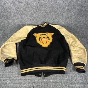 1950s Letterman Jacket Size 42 Black Gold Tiger Distressed Chain stitching - Picture 1 of 24