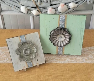 Galvanized Dimensional Metal Flower on MDF Board, 2-PC Rustic Floral Wall Decor - Picture 1 of 23