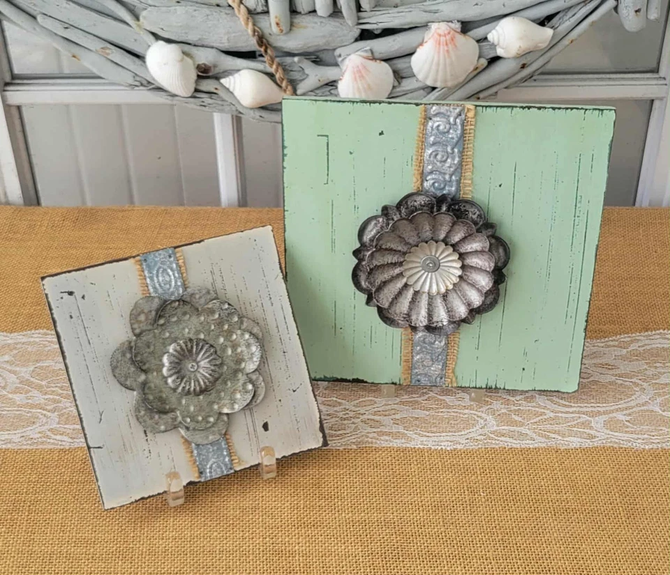 Galvanized Dimensional Metal Flower on MDF Board, 2-PC Rustic Floral Wall Decor - Image 1 of 4