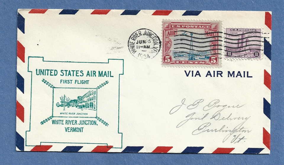 WHITE RIVER JUNCTION VT TO BURLINGTON 25 DE JUNIO DE 1934 C11 PRIMER VUELO Foto 1 de 1