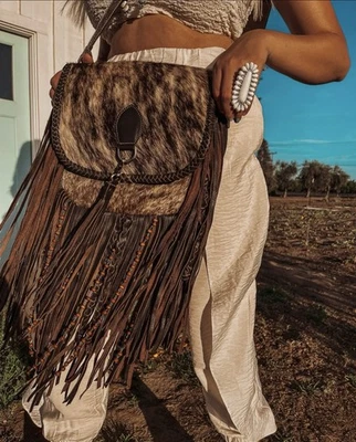 NWT Haute Southern Hyde Brindle Cowhide Leather Fringe Crossbody Handbag Western - Image 1 of 4
