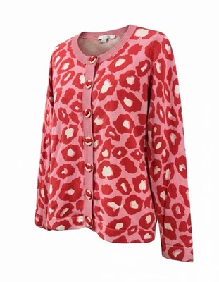 Boden Women’s Leopard Print Button Up Cardigan Sz 6 Decorative Buttons Red Pink - Image 1 of 4