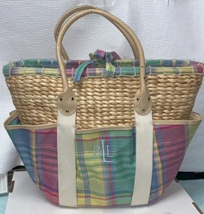 LAUREN Ralph Lauren Madras/ Wicker Tote Beach Purse/ Bag Pastel Plaid Straw - Bild 1 von 11