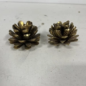 Brass Pinecone Taper Candle Holders Set of 2 Fall & Winter Heavy Vintage - Picture 1 of 9