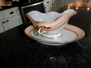PORCELAIN ANTIQUE PINK WHITE GOLD - FRENCH HAVILAND -SERVING BOWL - GRAVY BOAT - - Picture 1 of 5