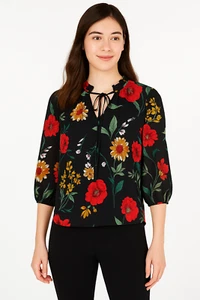 Bar III Ruffled Floral-Print Sheer Blouse Black Combo Women's Size M Loose Top - Picture 1 of 5