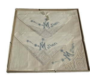 Vtg Set 3 Cream Cotton Handkerchiefs-Embroidered "Mother" in Blue-Lace Inset-Box