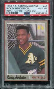PSA 8 NM MINT 1992 BB CARDS MAGAZINE REPLI-CARDS RICKEY HENDERSON #48 A'S B215