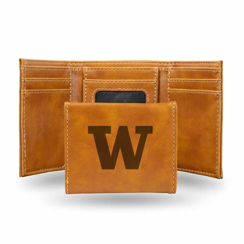 Washington Huskies Laser Engraved Brown Synthetic Leather Trifold Wallet Cover