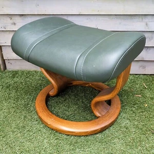 Ekornes Stressless Mayfair Dark Green Leather Foot Stool Rest Solid Wood Frame - Picture 1 of 13