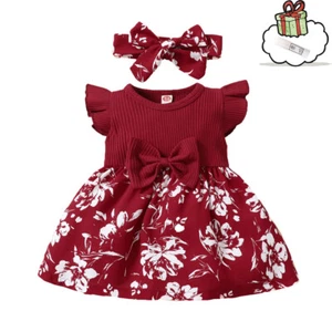 Infant Girls Fly Sleeve Ribbed Bowknot Dresses Toddler Ruffles Floral Printed - Picture 1 of 12