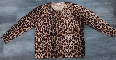 Cárdigan Suéter Quacker Factory Marrón Estampado Animal Lentejuelas Adorno Talla XL Foto 1 de 4