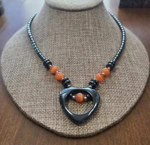 Heart Pendent Hematite Necklace With Orange Moonglow Beaded With Barrel Clasp - Picture 1 of 5