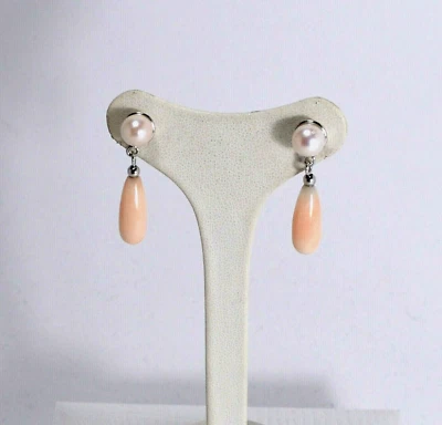 ORECCHINI ARGENTO 925 PERLE AKOYA  8 mm PENDOLI ROSA  FARFALLINA       AGHT 0784 - Immagine 1 di 3