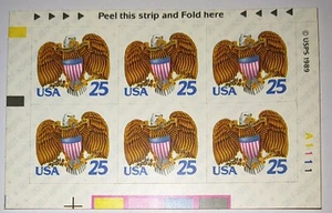 1989 Eagle & Shield 25 Cent Stamps Booklet Pane of 6 Scott # 2431 MNH - Picture 1 of 2