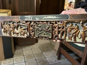 Antique Chinese Gilded Wooden Carved Long Panel 35 X 4” Import Wax Seal On Back - Picture 1 of 12