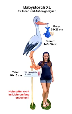 XL 148 cm Storch aus Holz zur Geburt Baby-Storch & Tafel & Baby in BLAU SET - Bild 1 von 3