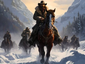 Western Landschaft Cowboy Schnee Leinwandbild - Wohndeko Wandbild Kunstdruck Gemälde 255 - Bild 1 von 7