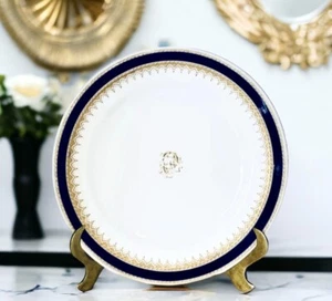 Antique Royal Worcester W4105 Monogram M Cobalt Blue Gold Diamond Luncheon Plate - Picture 1 of 9