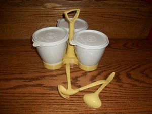 TUPPERWARE Condiment Caddy COMPLETE Set Spoons Lids Portable Yellow Gold-EUC - Picture 1 of 2
