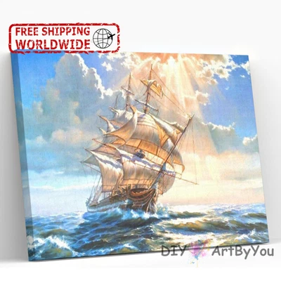 RARE Paint By Numbers Ship Canvas Art Draw Artist Painting Oil Kit Decor Kids - Image 1 of 4