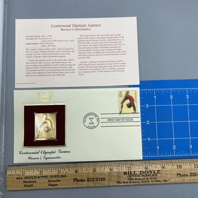 CENTENNIAL OLYMPIC GAMES 22k Gold Stamp 1st Day Issue 32 Cent WOMEN'S GYMNASTICS - Image 1 of 4