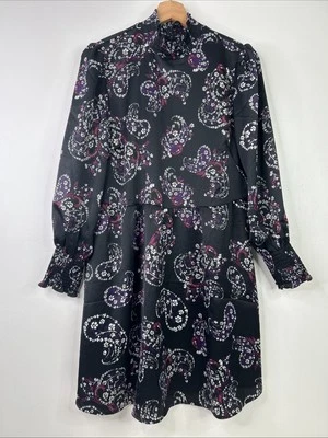 Loft Women’s 12P Black White Purple Pink Paisley Long Sleeve Dress NWT - Image 1 of 4